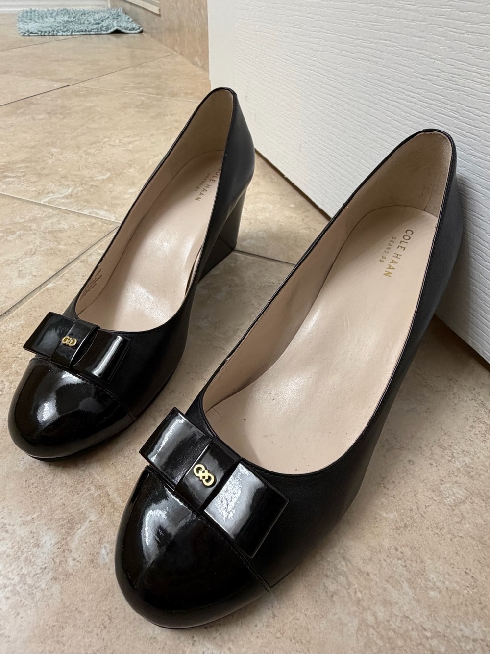 Cole Haan Black Patent Leather Bow Block Heel Pumps with Gold Accent